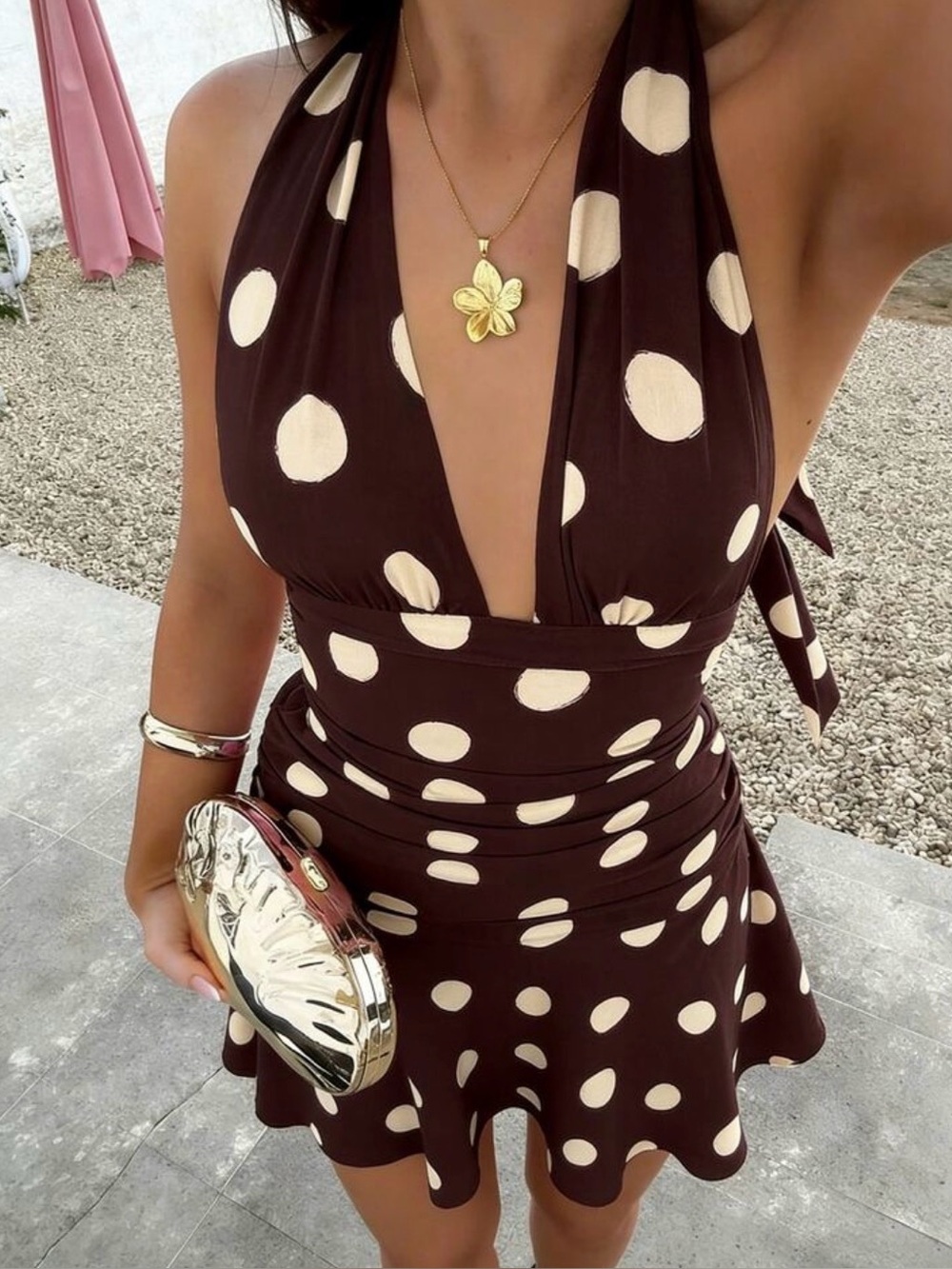 Brown & Cream Polka Dot Halter Mini Dress
